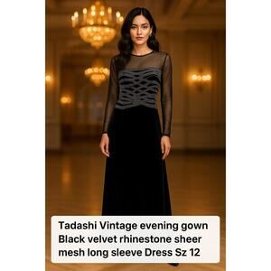 Vintage Tadashi Black Velvet Mesh Maxi Dress Rhinestone Formal  Long Sleeve M/L